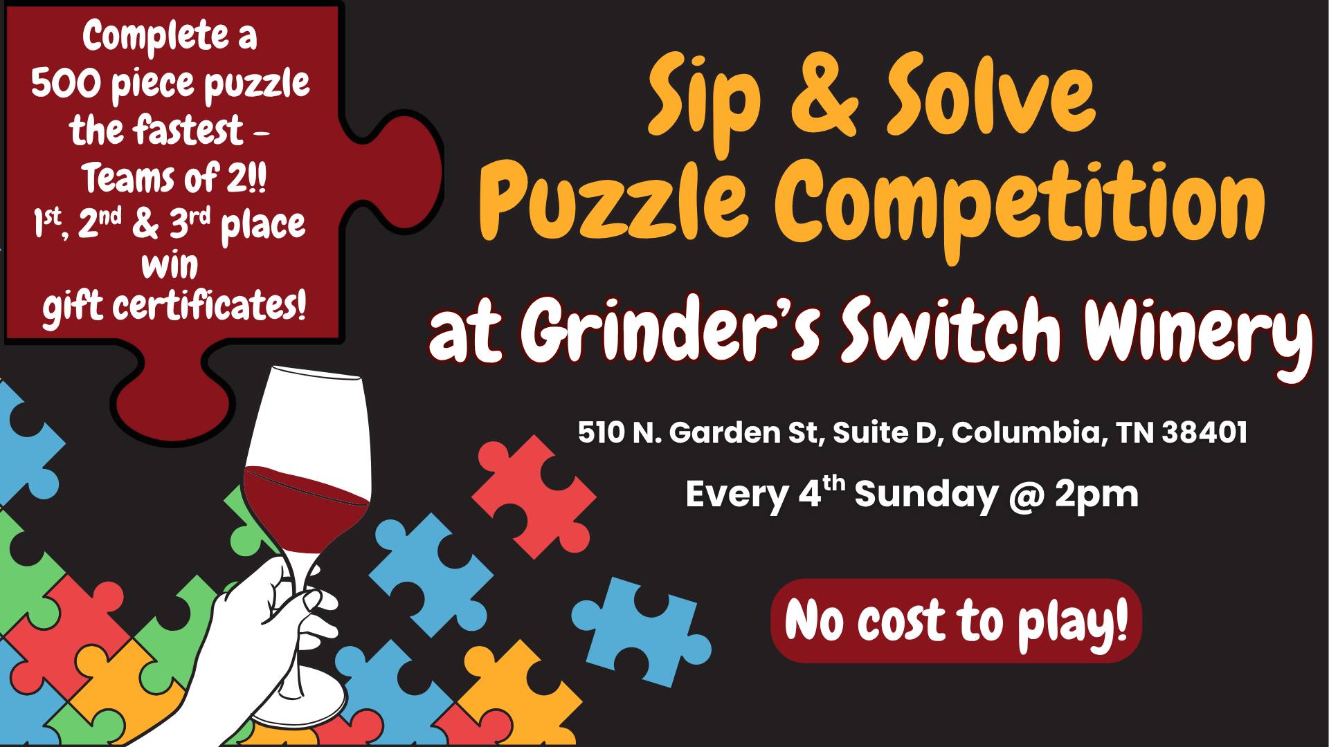 Sip & Solve Puzzle Competition at Grinder’s Switch Winery